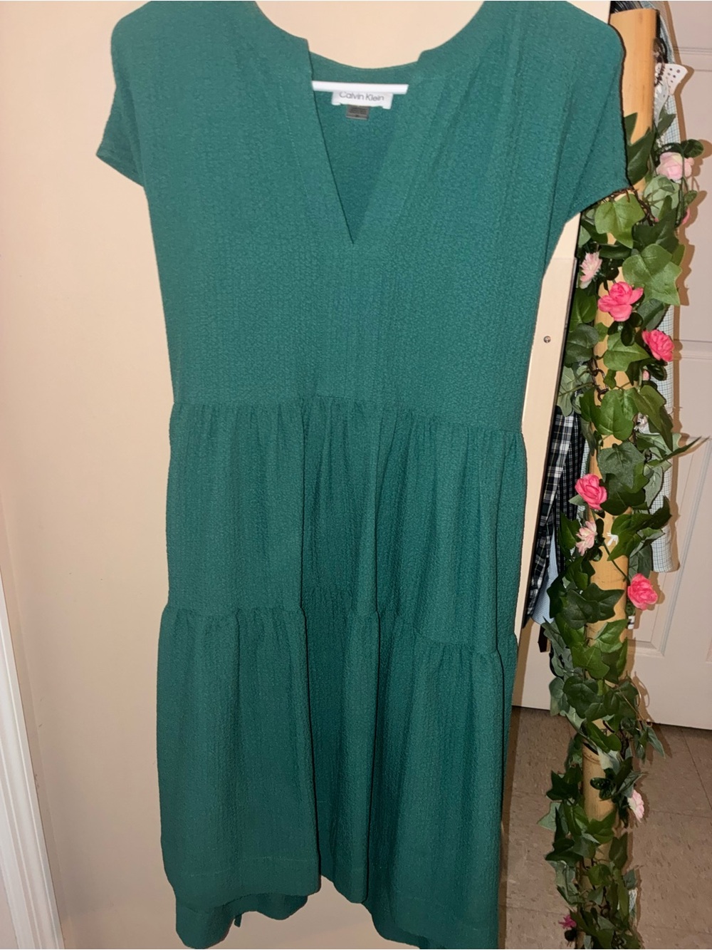 Calvin Klein Teal V-Neck Tiered Midi Dress